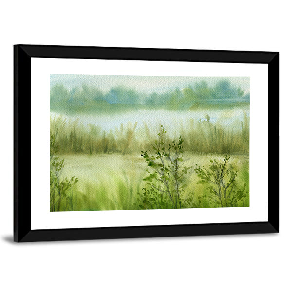 Fog At River With Grass Canvas Wall Art