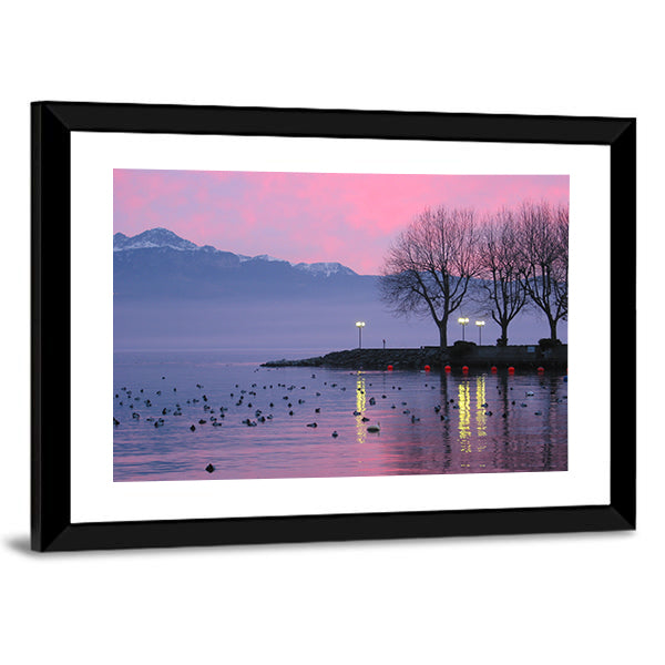 Sunset On Lake Geneva Canvas Wall Art in blue, purple and pink, framed print, product view on a white background
