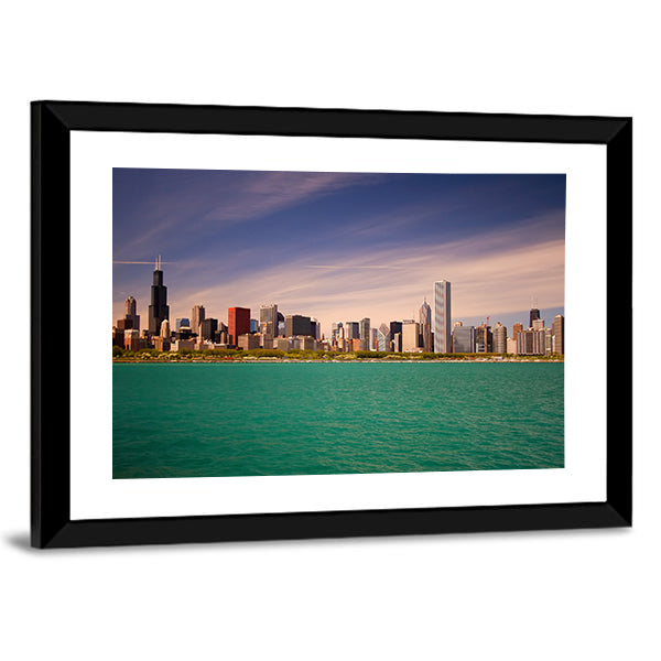 Chicago Skyline Over Lake Michigan Canvas Wall Art in green, blue and purple, framed print, product view on a white background