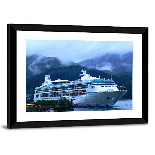 Cruise Ship in Alaska Canvas Wall Art in white, green and blue, framed print, product view on a white background