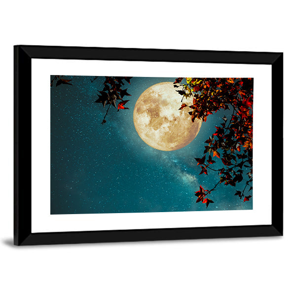 Maple Tree Under Full Moon with Milky Way Canvas Wall Art in black, yellow and blue, framed print, product view on a white background