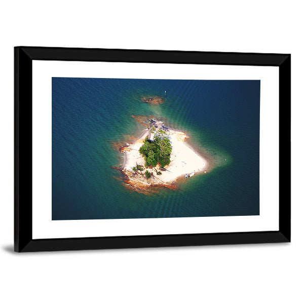 Island on Lake Lanier, Georgia Canvas Wall Art in beige, green and blue, framed print, product view on a white background