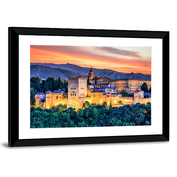 Alhambra Fortress At Sunset Canvas Wall Art in orange, yellow and blue, framed print, product view on a white background