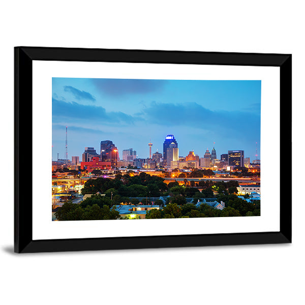 San Antonio Evening Cityscape In Texas Canvas Wall Art in orange, yellow and blue, framed print, product view on a white background