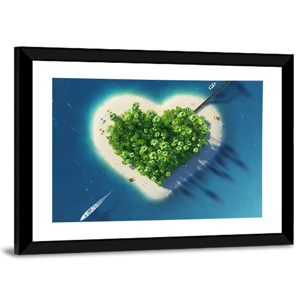 Heart-shaped Tropical Island Aerial View Canvas Wall Art in white, green and blue, framed print, product view on a white background