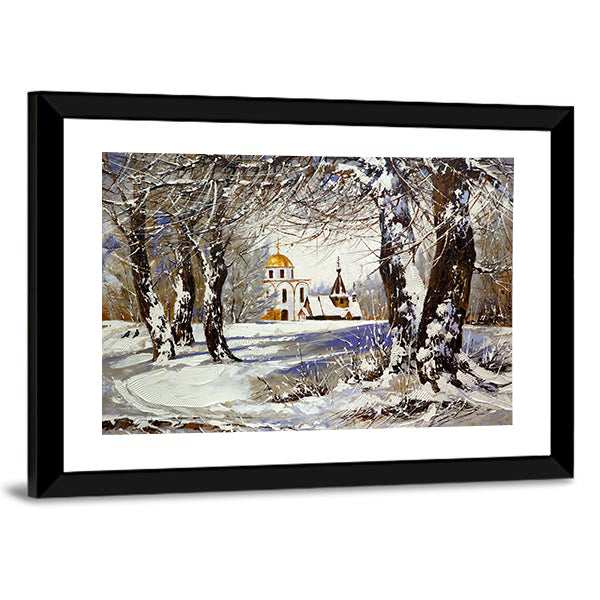 Church In Winter Wood Canvas Wall Art