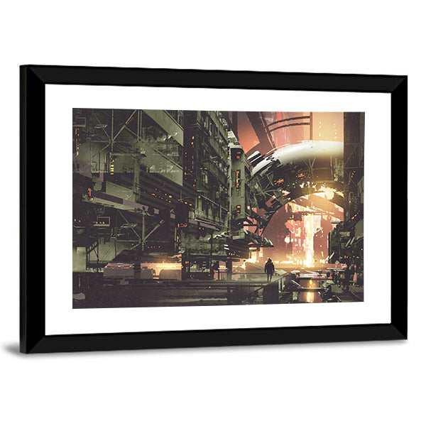 Cyberpunk City With Futuristic Buildings Canvas Wall Art