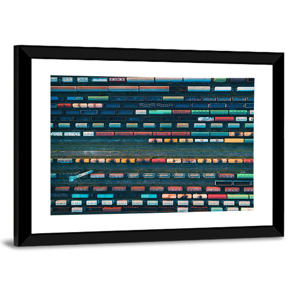 Cargo Trains Close Up Canvas Wall Art in gray, blue and multicolor, framed print, product view on a white background
