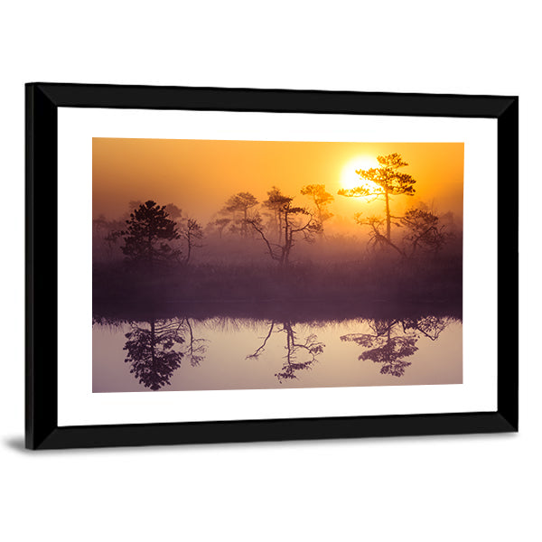 Sun Rising Above Misty Lake Canvas Wall Art