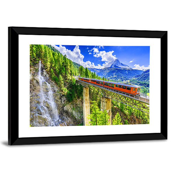 Gornergrat Tourist Train In Zermatt, Switzerland Canvas Wall Art in orange, green and blue, framed print, product view on a white background