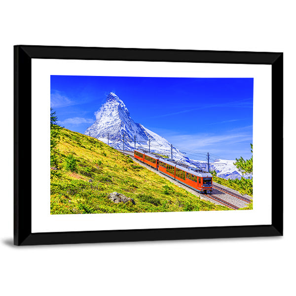 Gornergrat Tourist Train In Zermatt Switzerland Canvas Wall Art in white, green and blue, framed print, product view on a white background