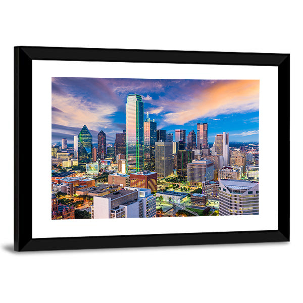 Dallas Skyline at Twilight Canvas Wall Art in orange, blue and purple, framed print, product view on a white background