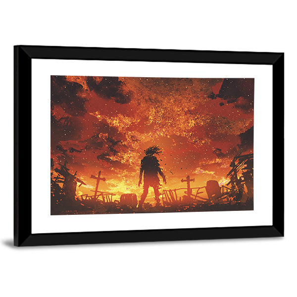 Zombie Silhouette in Burnt Cemetery Canvas Wall Art