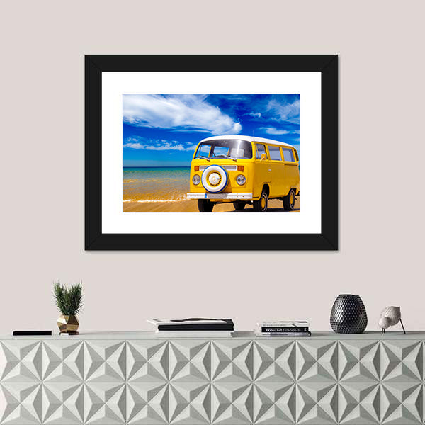 Yellow Vintage Van on Sandy Beach Canvas Wall Art