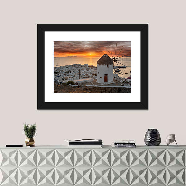Mykonos Sunset with White Windmill Canvas Wall Art