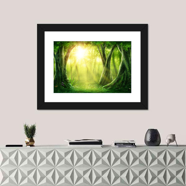 Dark Magic Forest With Sunshine Canvas Wall Art