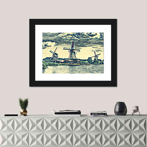 Vintage Dutch Windmills Landscape Canvas Wall Art