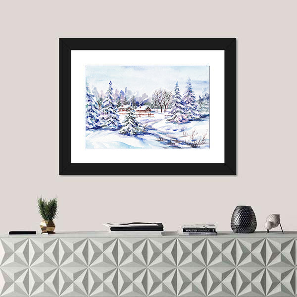Scenic Winter Village Landscape Canvas Wall Art