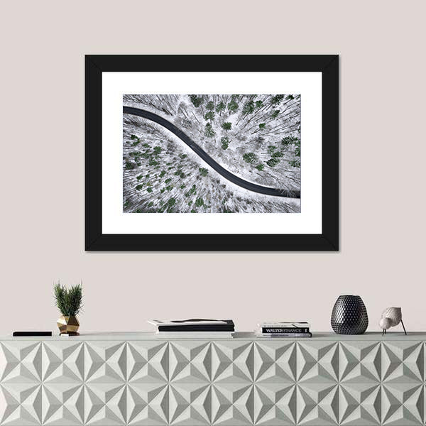 Winter Road In Snowy Forest Canvas Wall Art
