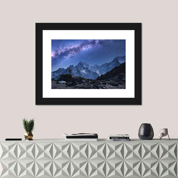 Space With Milky Way And Mountains Canvas Wall Art