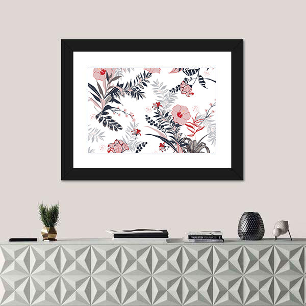 Hibiscus and Tropical Leaves Pattern Canvas Wall Art