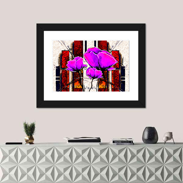 Oil Painted Purple Poppies with Geometric Background Canvas Wall Art