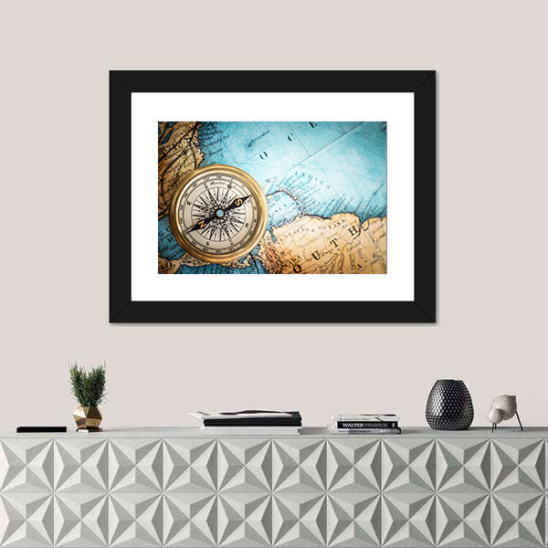 Brass Compass on Antique World Map Canvas Wall Art