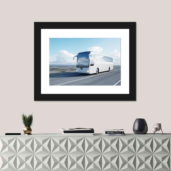 White Coach Bus on Highway Canvas Wall Art