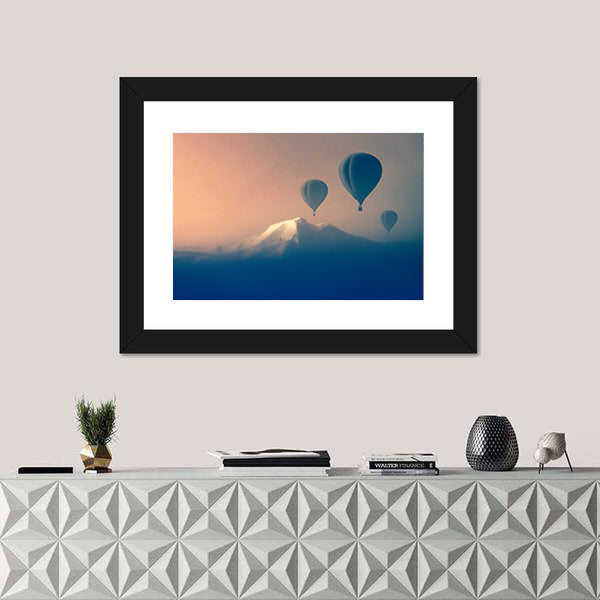 Silhouette Of Air balloon Flying In The Mountains Canvas Wall Art