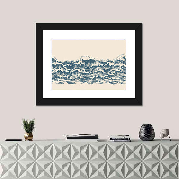 Ocean Waves Woodblock Sketch Canvas Wall Art