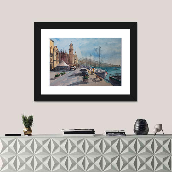 Harbor Town Sketch with Clock Tower Canvas Wall Art