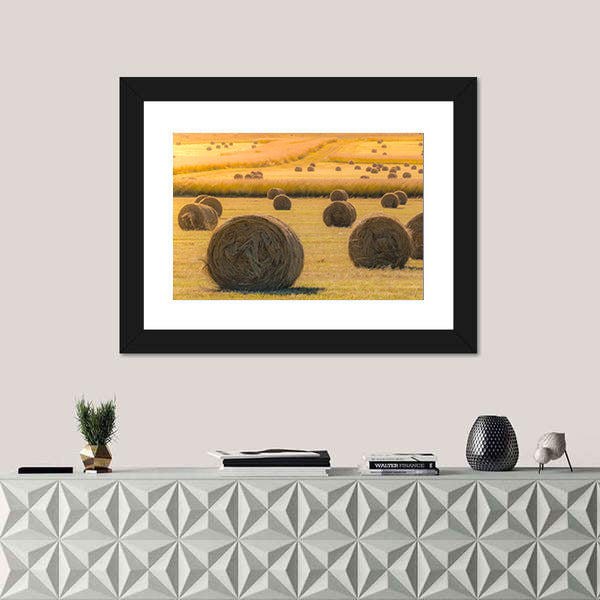 Hay Bales On Golden Field At Sunset Canvas Wall Art