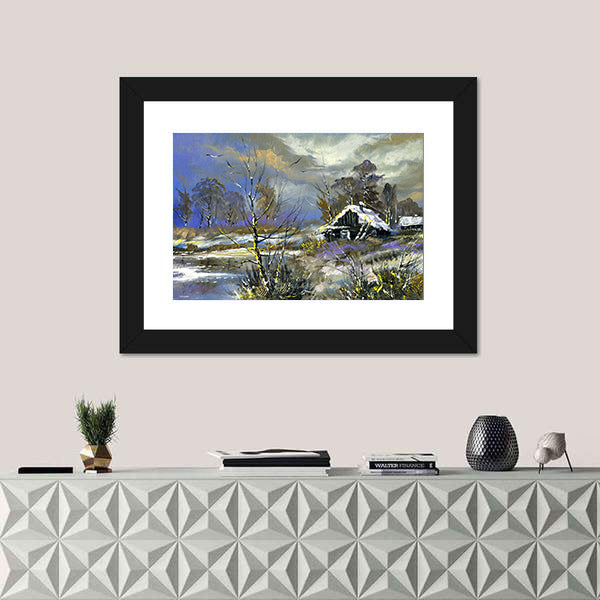 Snow-covered Cabin by the Lake Canvas Wall Art