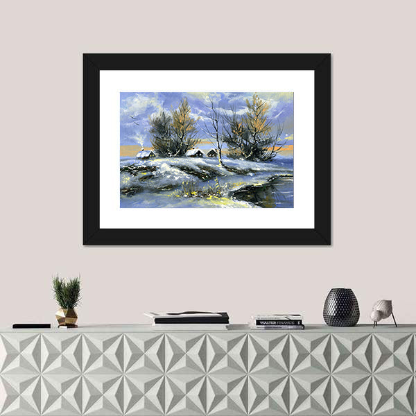 House On Bank Of Lake In Winter Canvas Wall Art