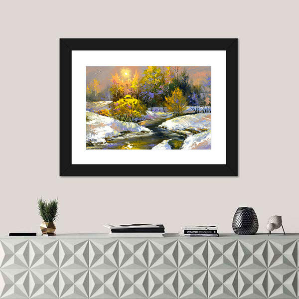 Winter River Through Snowy Forest Canvas Wall Art