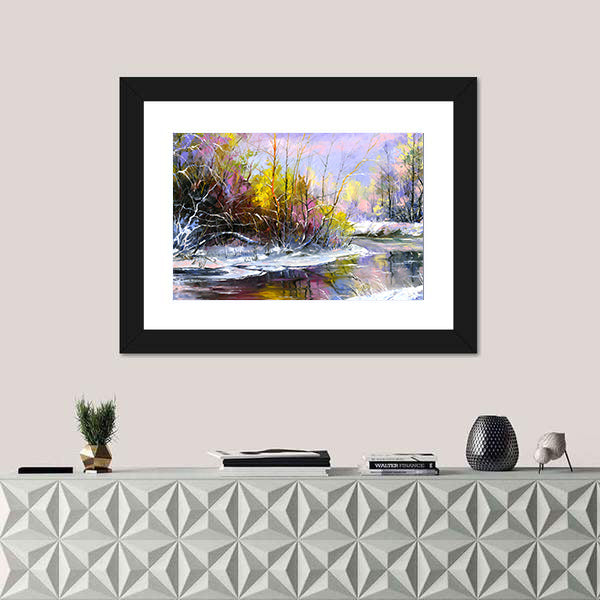 Winter River at Sunset Canvas Wall Art