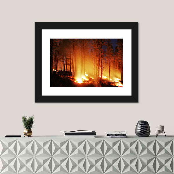 Glowing Forest Fire At Night Canvas Wall Art