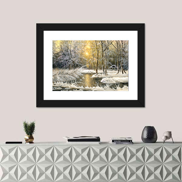 Winter Wooden Forest Lake Canvas Wall Art