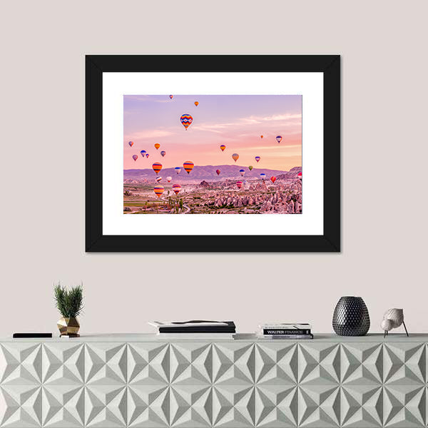 Hot Air balloons Flying Over Rock Landscape At Cappadocia Canvas Wall Art