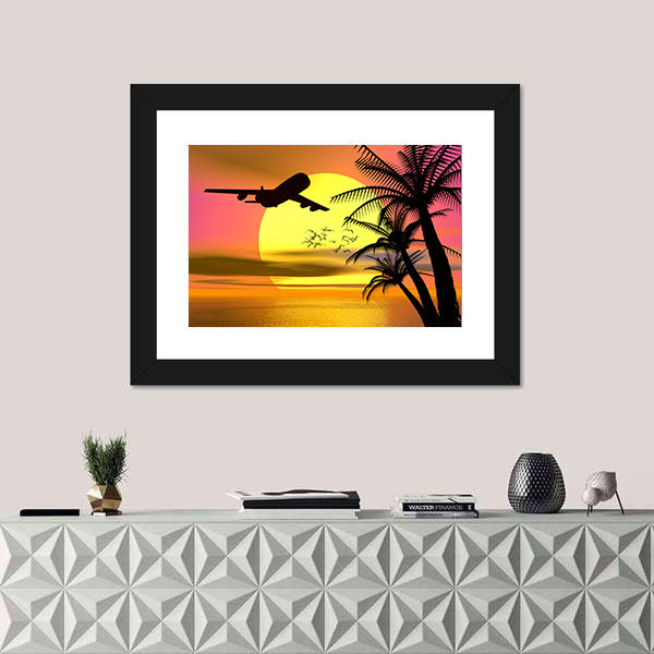 Tropical Sunset With Airplane Canvas Wall Art