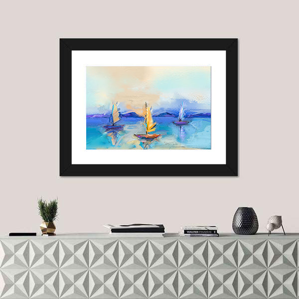Textured Oil Seascape with Three Sailboats Canvas Wall Art