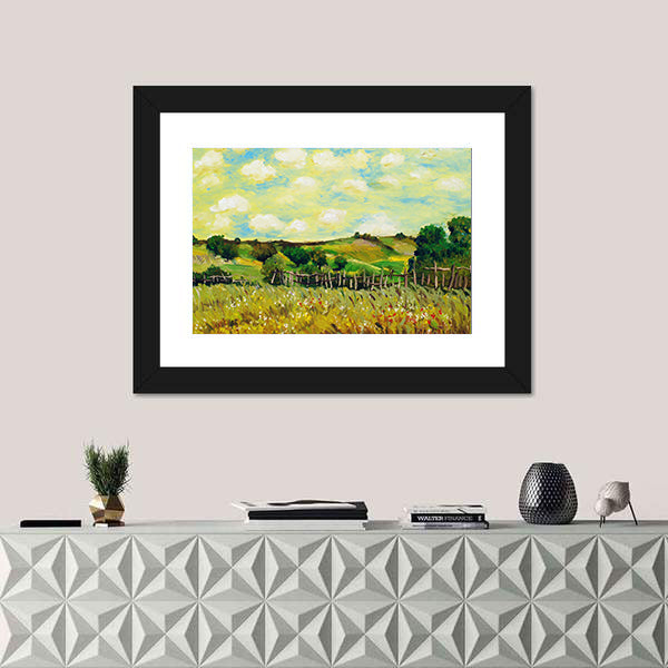 Sunlit Rolling Green Farm Fields Painting Canvas Wall Art