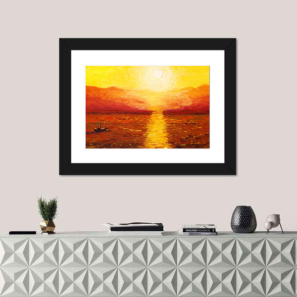 Sunset Sea with Boat Oil Painting Canvas Wall Art