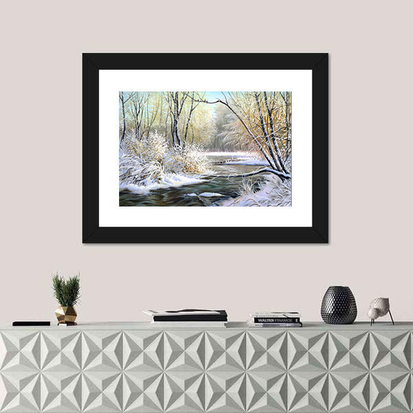 River In Winter Forest Canvas Wall Art