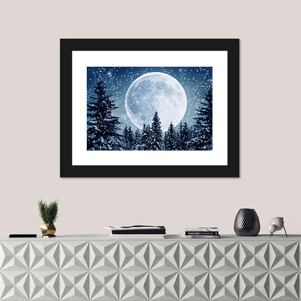 Winter Scene In Full Moon Canvas Wall Art