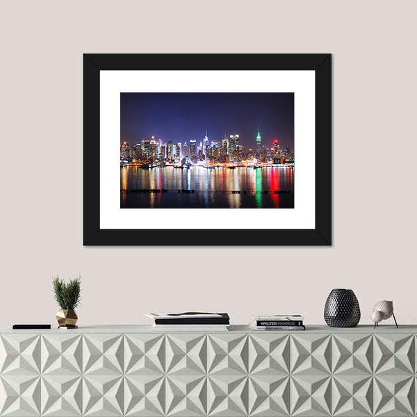 Times Square Reflections Over Hudson River Canvas Wall Art