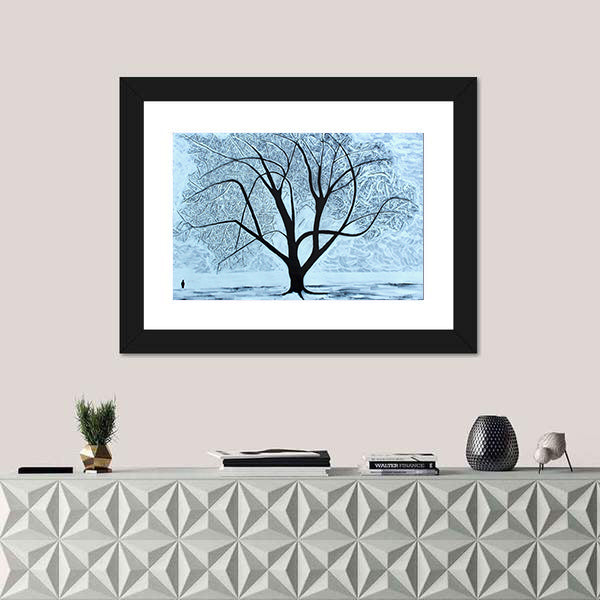 Snowy Tree with Lone Figure Canvas Wall Art