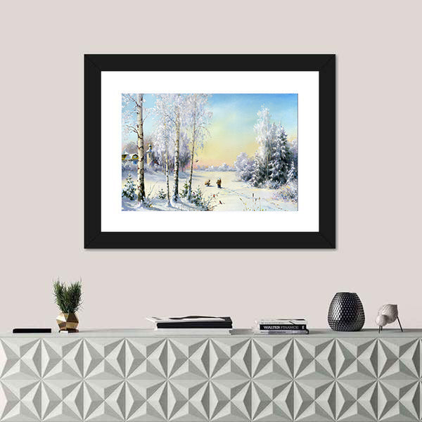 Frozen Lake In Winter Village Canvas Wall Art