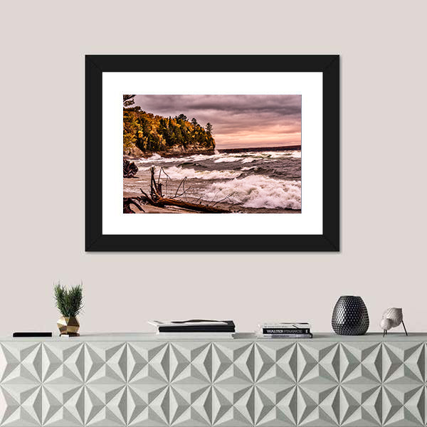 Driftwood on Autumn Lakeshore Canvas Wall Art
