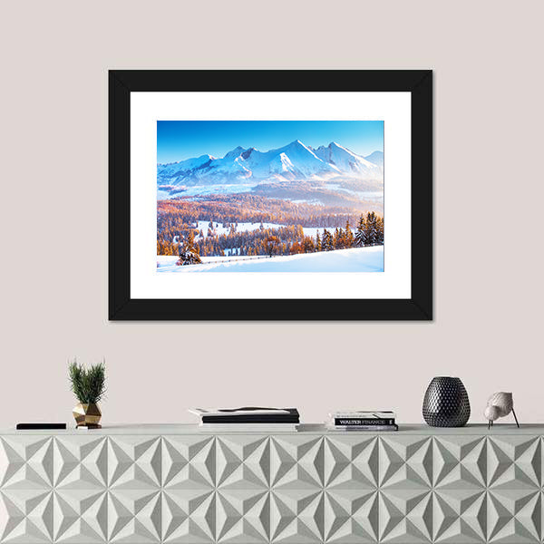 Snowy Mountain Peaks In Frosty Morning Canvas Wall Art